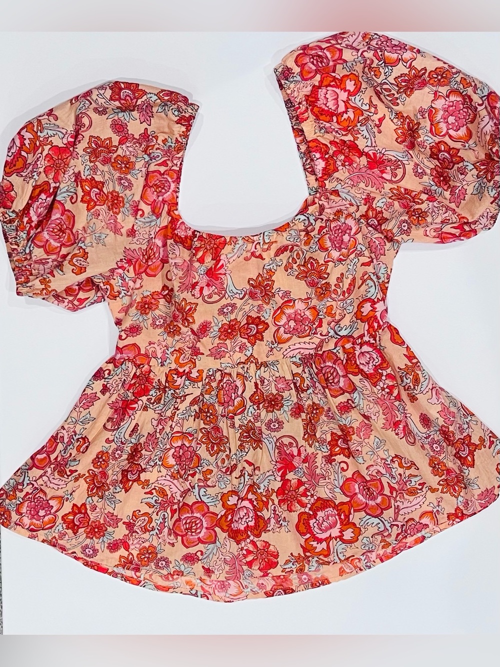 THML Peach Coral Pink Floral Puff Sleeve Peplum Top NWOT